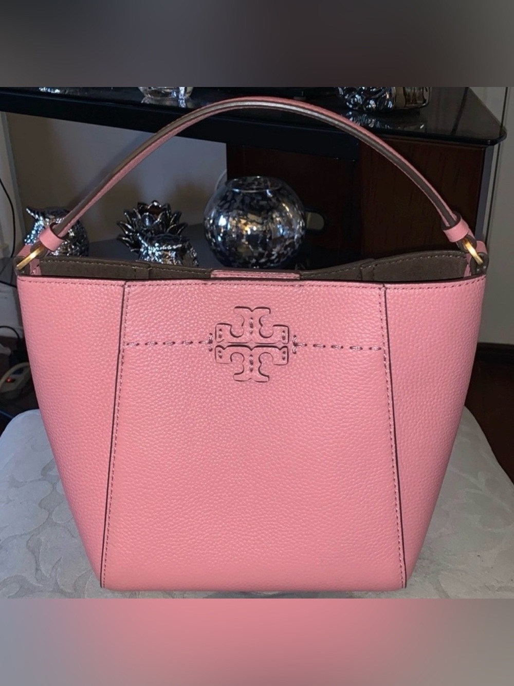 Tory Burch Pink Pebbled Leather Shoulder Bag with Logo